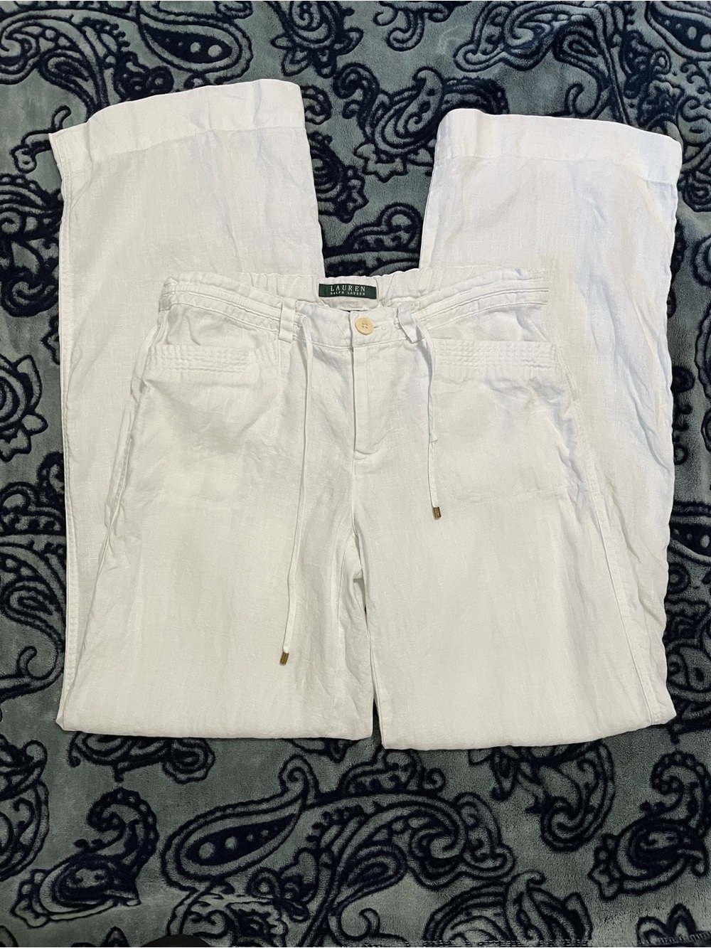 Ralph Lauren White Linen Drawstring Waist Pants